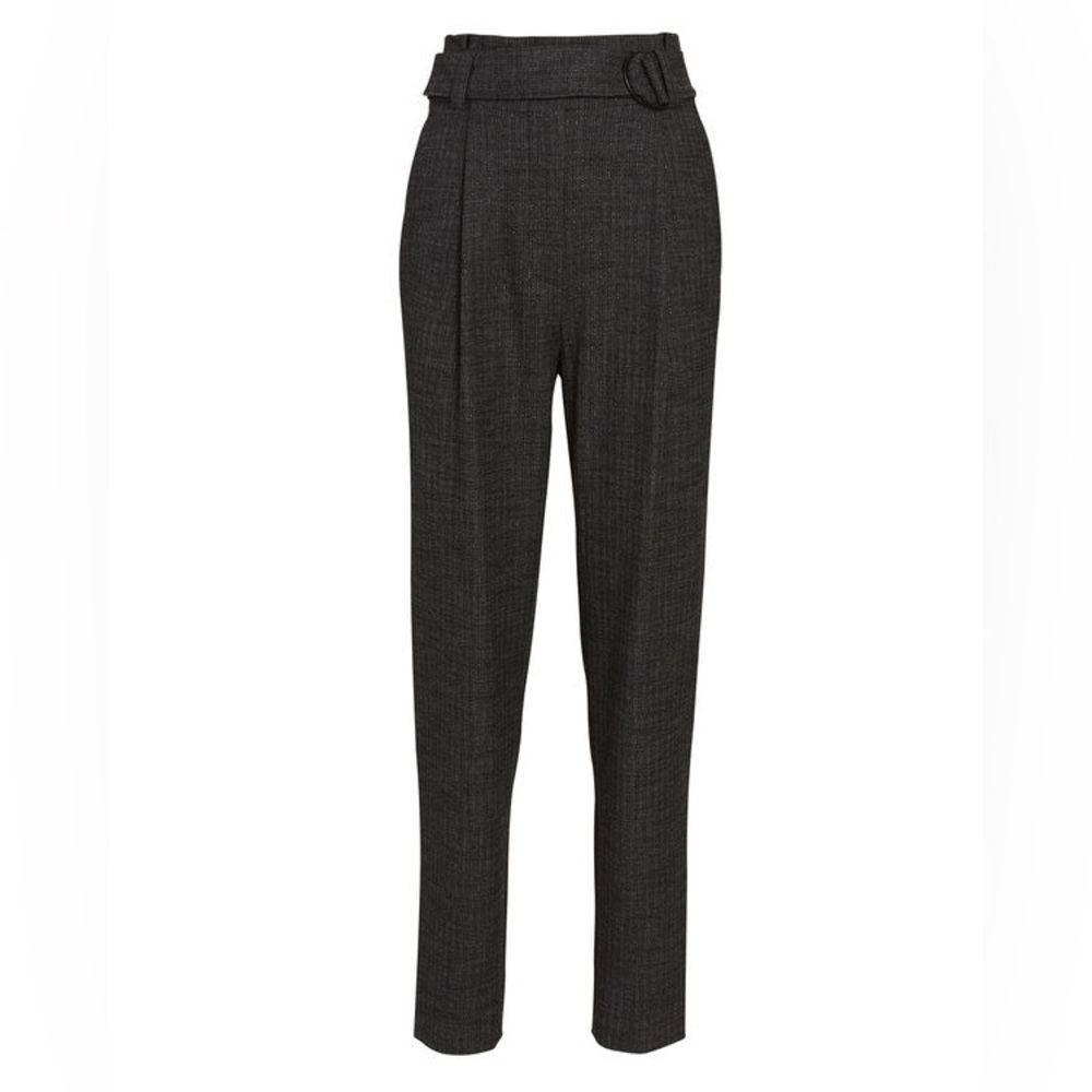 A.L.C. Women's 10 Diego Paperbag Trousers Belted Tapered Leg Grey Stripe Metalli